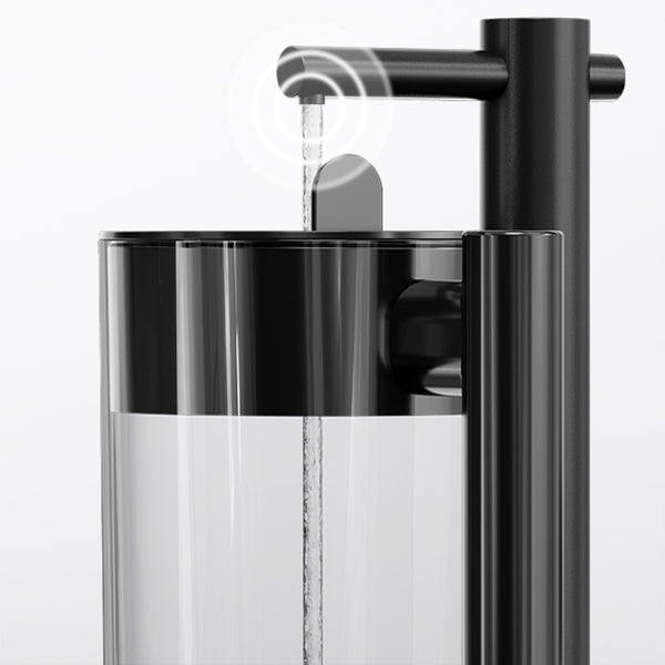 A close-up of a sleek, modern black soap dispenser releasing a stream of liquid, with circular lines indicating motion at the nozzle, set against a plain light background.